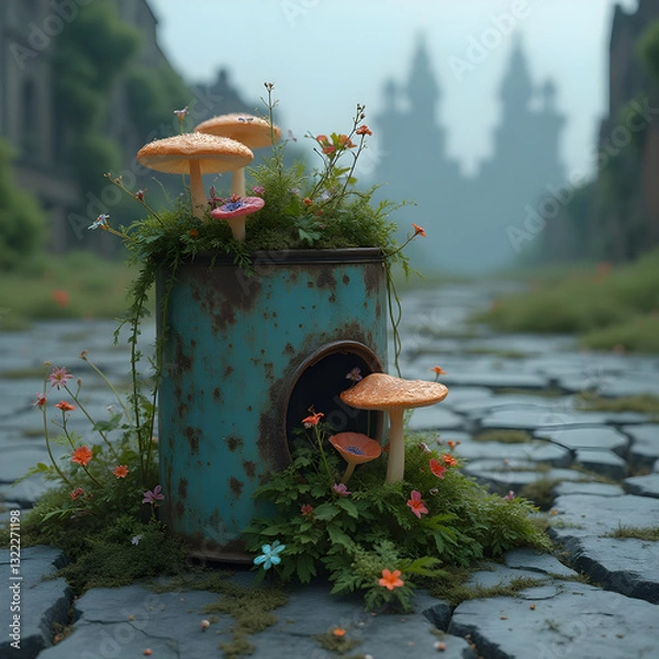 Fototapeta Nature reclaims path: mushrooms flourish in metal can
