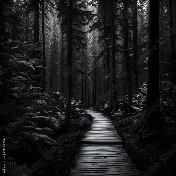 Fototapeta Tranquil path through dark and mysterious forest