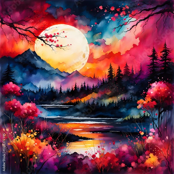 Fototapeta Vibrant moonlit landscape with colorful nature scene
