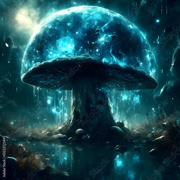 Fototapeta Mystical glowing mushroom in a fantasy landscape