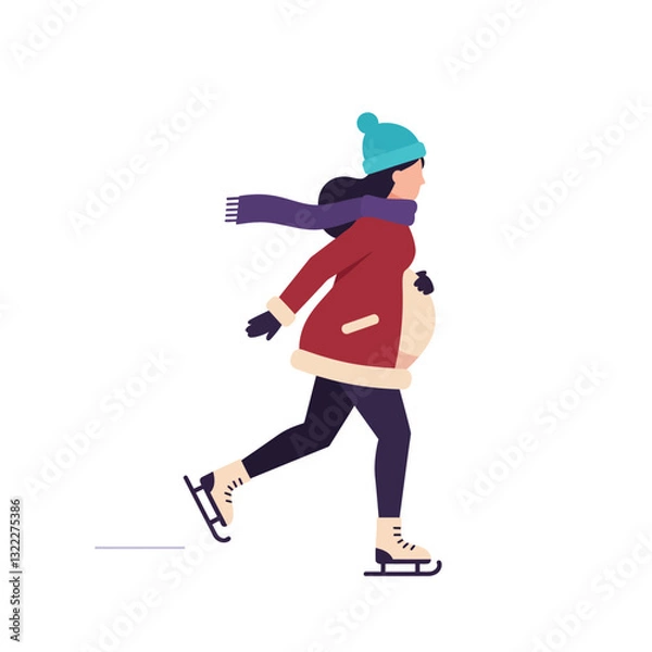 Fototapeta Pregnant woman ice skating in winter attire, flat vector art style, joyful movement vector illustration