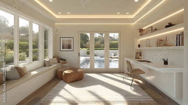 Obraz Bright, airy sun-drenched home office with a cozy reading nook