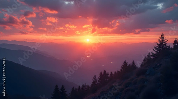 Obraz Dramatic Vibrant Mountain Sunset Colorful Sky Forest