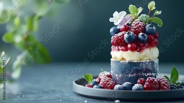 Fototapeta   A blueberry-topped cake with fresh berries and a leafy garnish