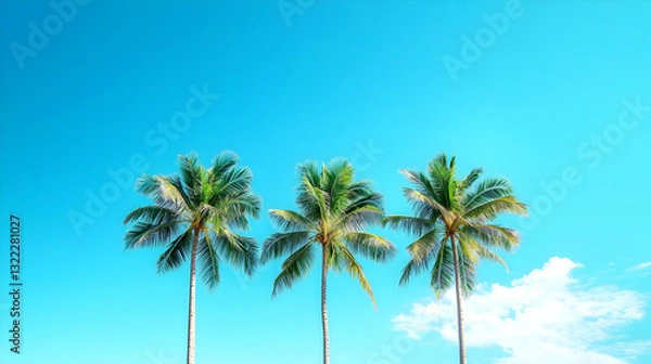 Fototapeta Four Lush Green Palm Trees Against A Vibrant Blue Sky With Wispy White Clouds On A Sunny Tropical Summer Day