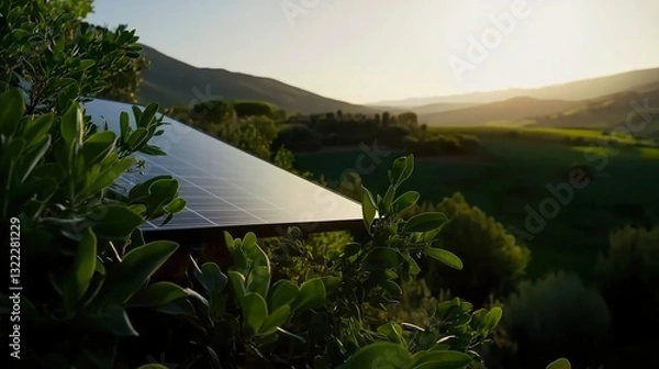 Obraz Solar panel on a green hillside with a scenic valley view and warm golden sunlight