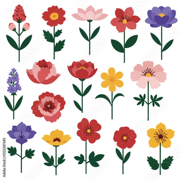 Obraz Colorful floral arrangements in flat design style featuring various blossoms vector art
