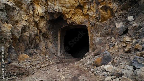 Obraz Exterior view of cave entrance in a historical mineral mine, featuring a dark opening in the rock wall