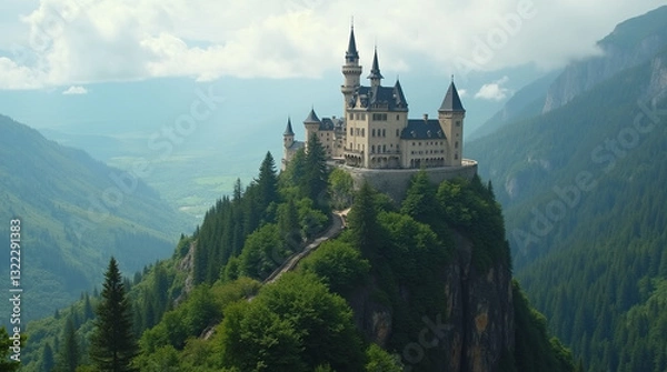 Fototapeta A breathtaking view of a grand castle perched atop a mountain, surrounded by lush greenery and rolling hills.