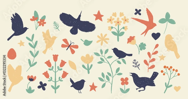 Fototapeta Cute spring flowers blooms, wild birds crayon sketch design elements collection colorful background