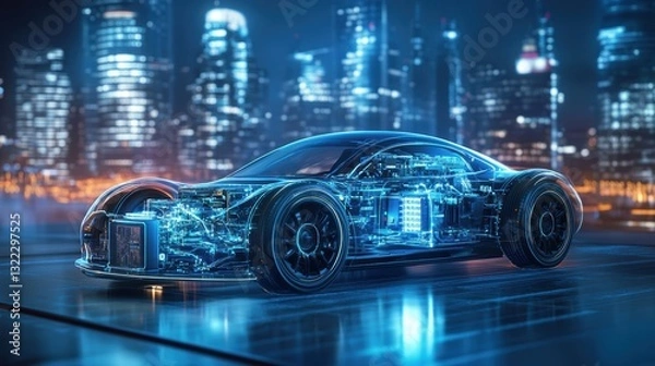 Fototapeta A 3D rendering of a hydrogen car, showcasing its intricate internal components, including fuel cell stack, battery, and electric motor, against a backdrop of a sleek, futuristic cityscape.