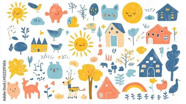 Fototapeta A bundle of childish crayon doodle drawings, featuring playful elements such as animals, characters, a sun, trees, houses, rainbows, and more. 0000000000