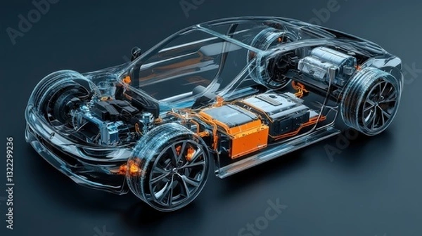 Obraz A sleek, electric automobile, meticulously dissected and rendered in a 3D top-down perspective, showcasing its intricate inner workings, highlighting the battery pack, motor, and transmission.