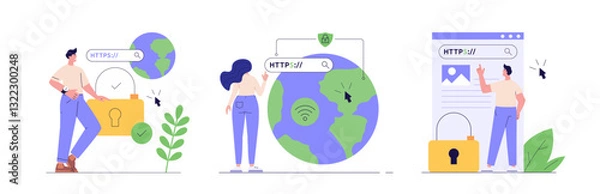Fototapeta Using browser with https protocol illustration set. People searching website address with security. Collcetion concept of web protection, ssl certificate for web Design, UI, banners