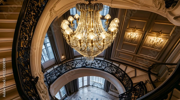 Obraz Grand chandelier over a spiral staircase in a luxury home