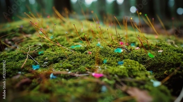 Obraz Microplastic pollution on a green mossy forest floor, highlighting environmental contamination and waste impact