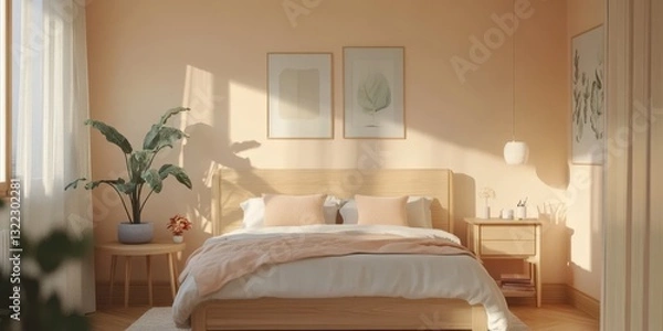 Fototapeta A light and airy bedroom scene in a modern style setting