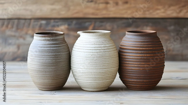 Obraz Handcrafted pottery with textured ridges in earthy tones