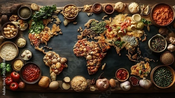Obraz A world map covered with international dishes from different countries illustrating the diverse culinary landscape