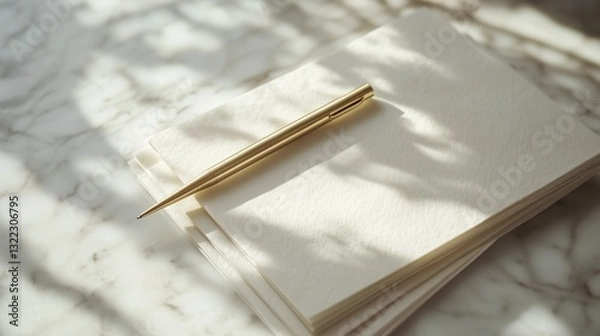 Obraz Golden pen on an open notebook with soft shadows and natural lighting on a marble surface