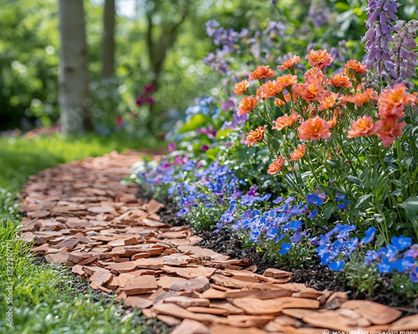 Fototapeta A charming garden path winds alongside a colorful flowerbed bursting with orange blue and purple blooms under a bright dappled sunlight.