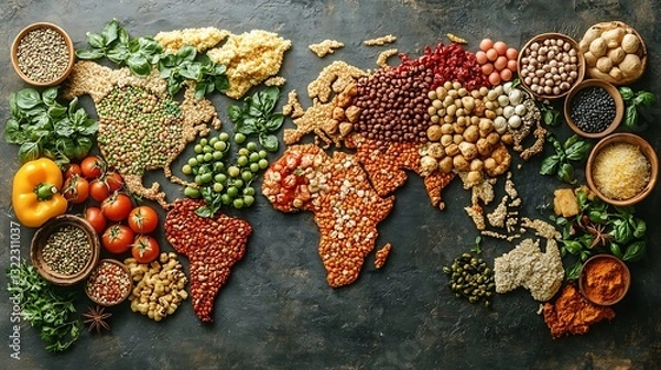 Obraz A world map filled with a variety of global foods arranged to symbolize cultural diversity in international cuisine
