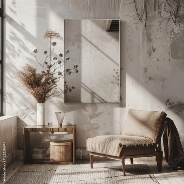 Fototapeta A single square small mirror with small facets on the wall in a beautiful modern interior with hyperrealism and realistic photo