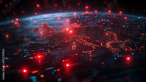 Obraz Futuristic depiction of cyber warfare targeting Europe with red alert indicators and an abstract global network