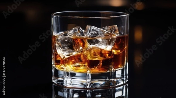 Fototapeta A sleek, crystal glass of amber whiskey, its surface adorned by a cascade of ice cubes, sits majestically against a velvety black background, inviting the viewer to contemplate the elegance and