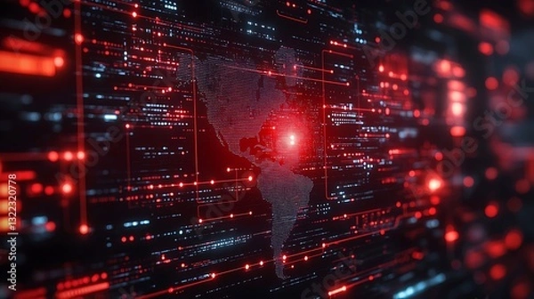 Obraz Cybersecurity threat to Europe visualized with a red alert warning and abstract digital globe vulnerabilities