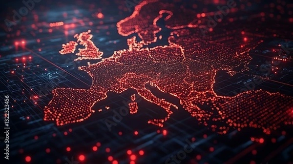 Obraz Digital map highlighting Europe under cyber attack with red alert signals and virtual security breaches
