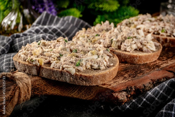 Fototapeta Sandwich with tuna paste and eggs.