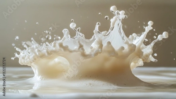 Fototapeta A crown of white milk, adorned with a cascade of splashes, danced playfully in a pool of milk, its surface rippling with joyous abandon as it was embraced by the liquid embrace.