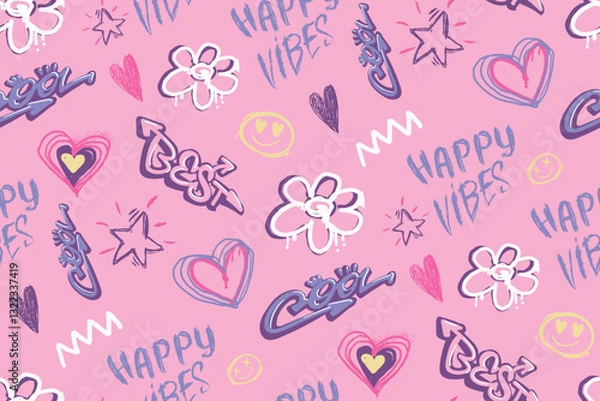 Fototapeta Pink seamless pattern with LOVE lettering, sketch hearts, grunge flowers. Romantic print. Girlish repeat print for textile, clothes, wrapping paper.