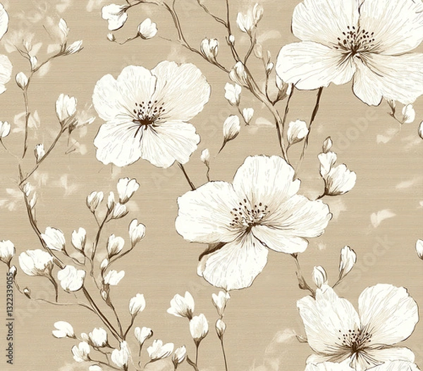 Fototapeta Floral outlines in light taupe with white flowers and delicate buds, Seamless Pattern Style.