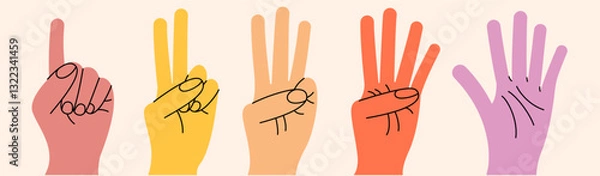 Fototapeta Set of hand gestures in various positions. Color trendy vector illustration. Index, middle, ring, little fingers and thumb