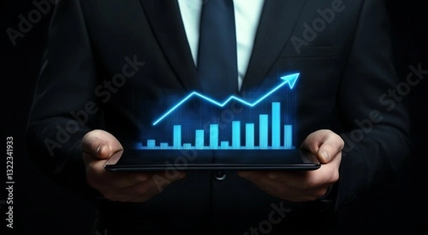 Obraz A businessman working on a laptop with a digital virtual graph and data, showcasing the concept of business technology. 