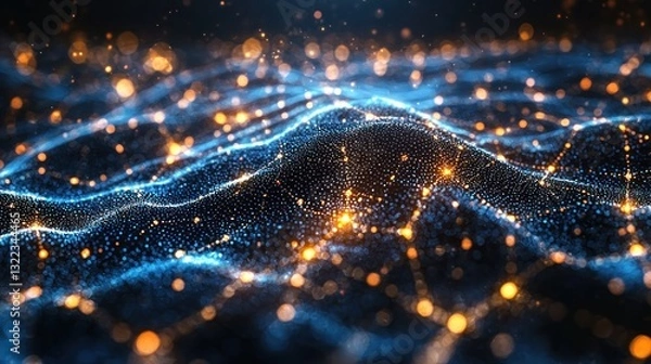 Fototapeta Abstract blue and gold glowing particle wave background.