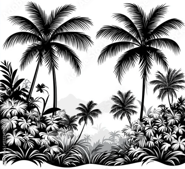 Fototapeta Tropical Paradise Silhouette Palm Trees and Lush Vegetation