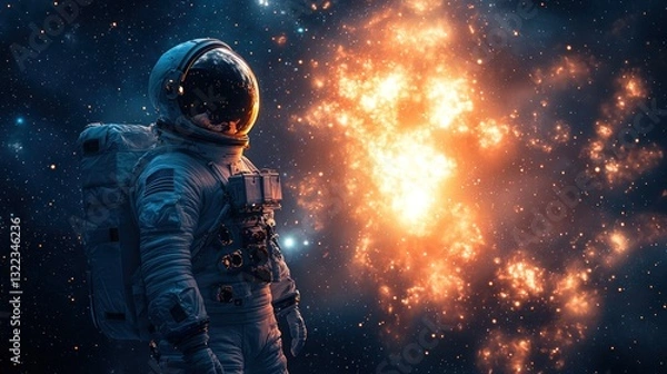 Fototapeta Astronaut in space observing a cosmic explosion.
