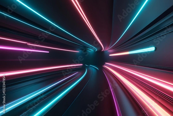 Obraz Cyber Tunnel: A mesmerizing journey through a digital tunnel, illuminated by vibrant neon lights that streak through the darkness, creating a dynamic sense of speed and futuristic movement.
