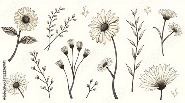 Obraz Vintage Sepia Botanical Daisy Flower Branch Drawings Collection Beige Background