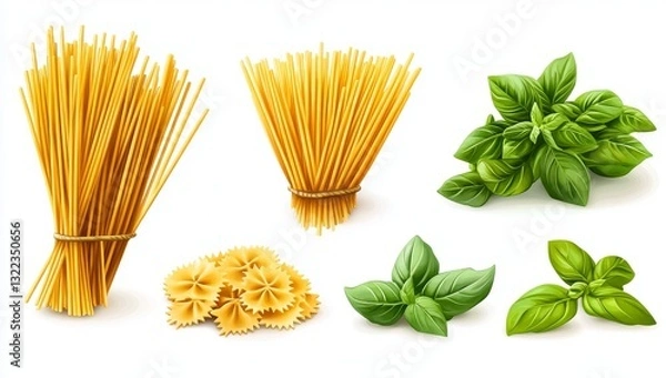 Fototapeta Clipart featuring watercolor paintings of pasta shapes, each design telling its own culinary story, set against a white background