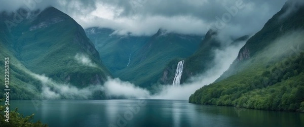 Fototapeta Majestic fjord within a National Park. Misty mountains, verdant forests, and calm waters create a peaceful, unspoiled nature retreat.