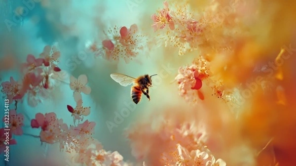 Fototapeta A bee gracefully hovers among blooming pink flowers, embodying the essence of spring and the vibrancy of life.