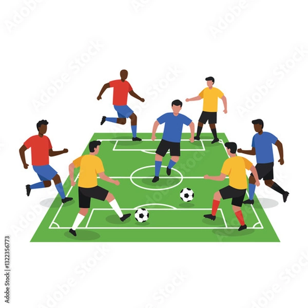 Fototapeta Soccer players competing on a field in a flat minimal vector illustration