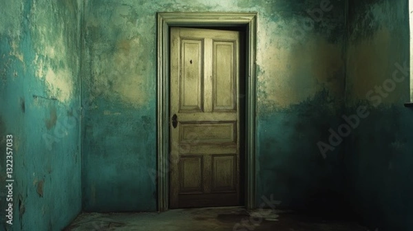 Fototapeta An old wooden door stands in a distressed turquoise room, evoking mystery and curiosity with its subtle light and textured walls.