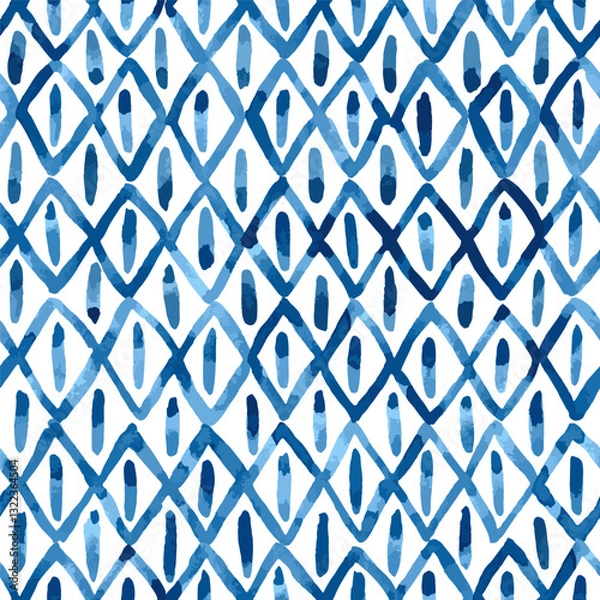 Fototapeta Watercolor rhombic diagonal background in blue. Seamless vector pattern