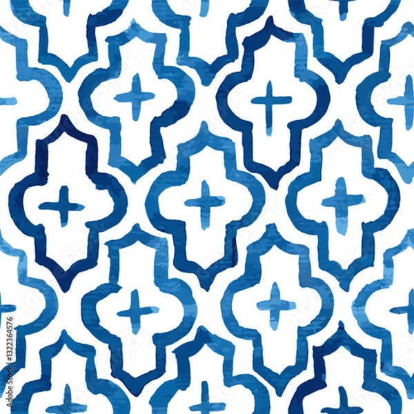Fototapeta Blue ink quatrefoil ornament, seamless vector pattern in oriental style