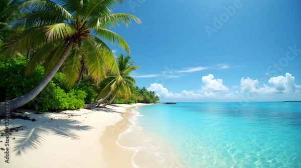 Fototapeta Idyllic Tropical Beach White Sand Turquoise Ocean Palm Trees Blue Sky Island